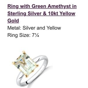 Emerald-Cut Light Green Amethyst Ring in Silver band with Gold Accents